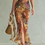Aria - long orange chiffon dress with bohemian style oil painting print — view 6
