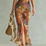 Aria - long orange chiffon dress with bohemian style oil painting print — view 6