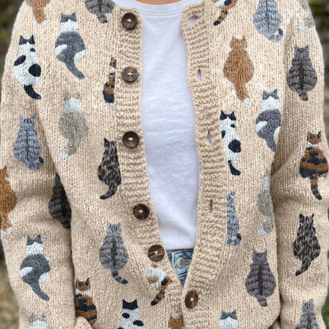 Audrey - cosy cardigan with cat print — view 1