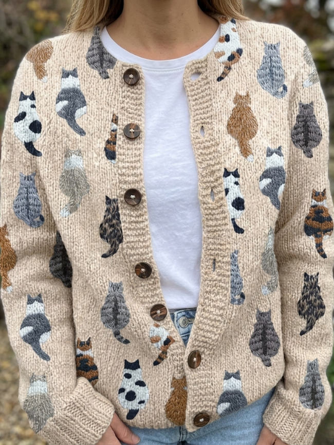 Audrey - cosy cardigan with cat print — view 1