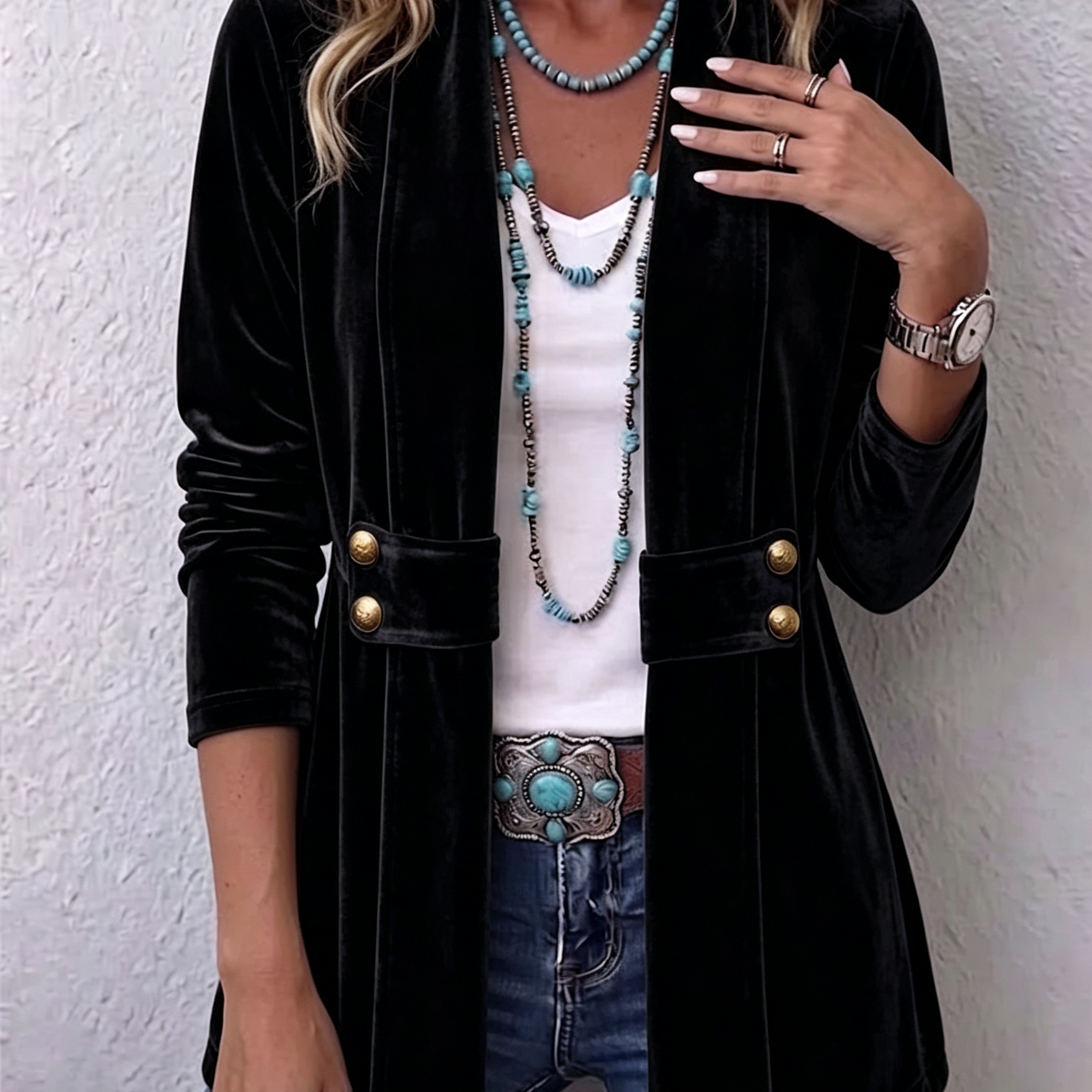 Avery - Retro Lapel Button Accent Long Sleeve Open Front Jacket — view 4