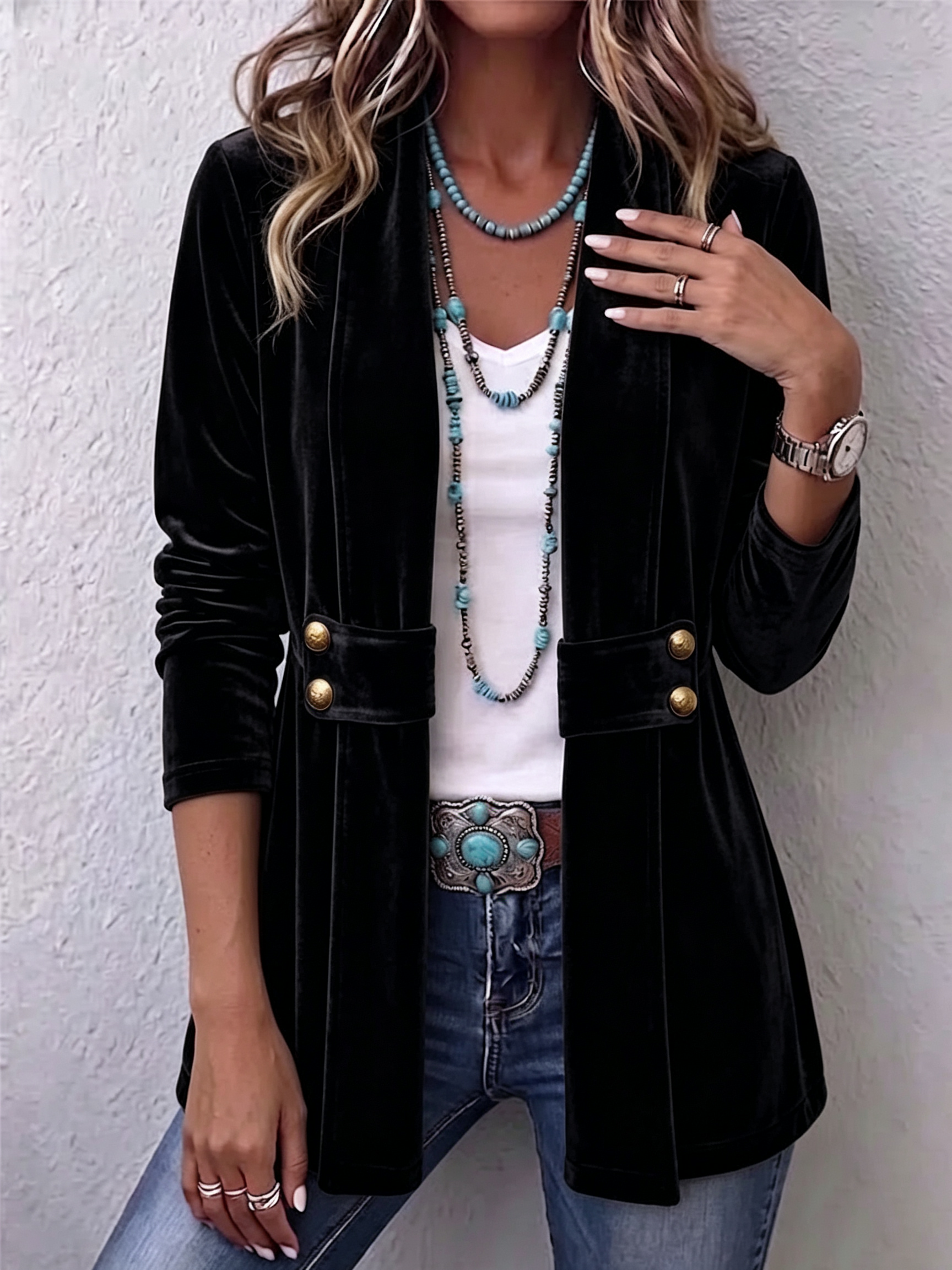 Avery - Retro Lapel Button Accent Long Sleeve Open Front Jacket — view 4
