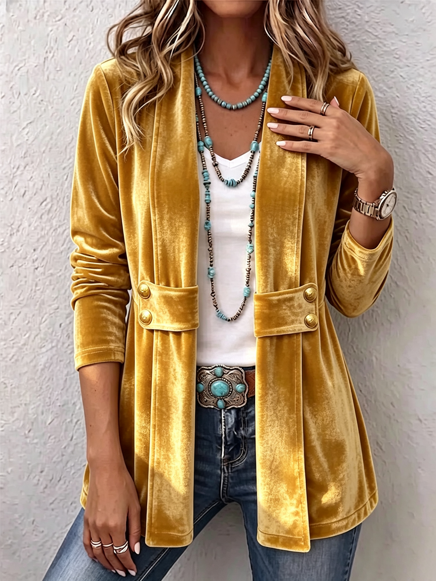 Avery - Retro Lapel Button Accent Long Sleeve Open Front Jacket — view 5