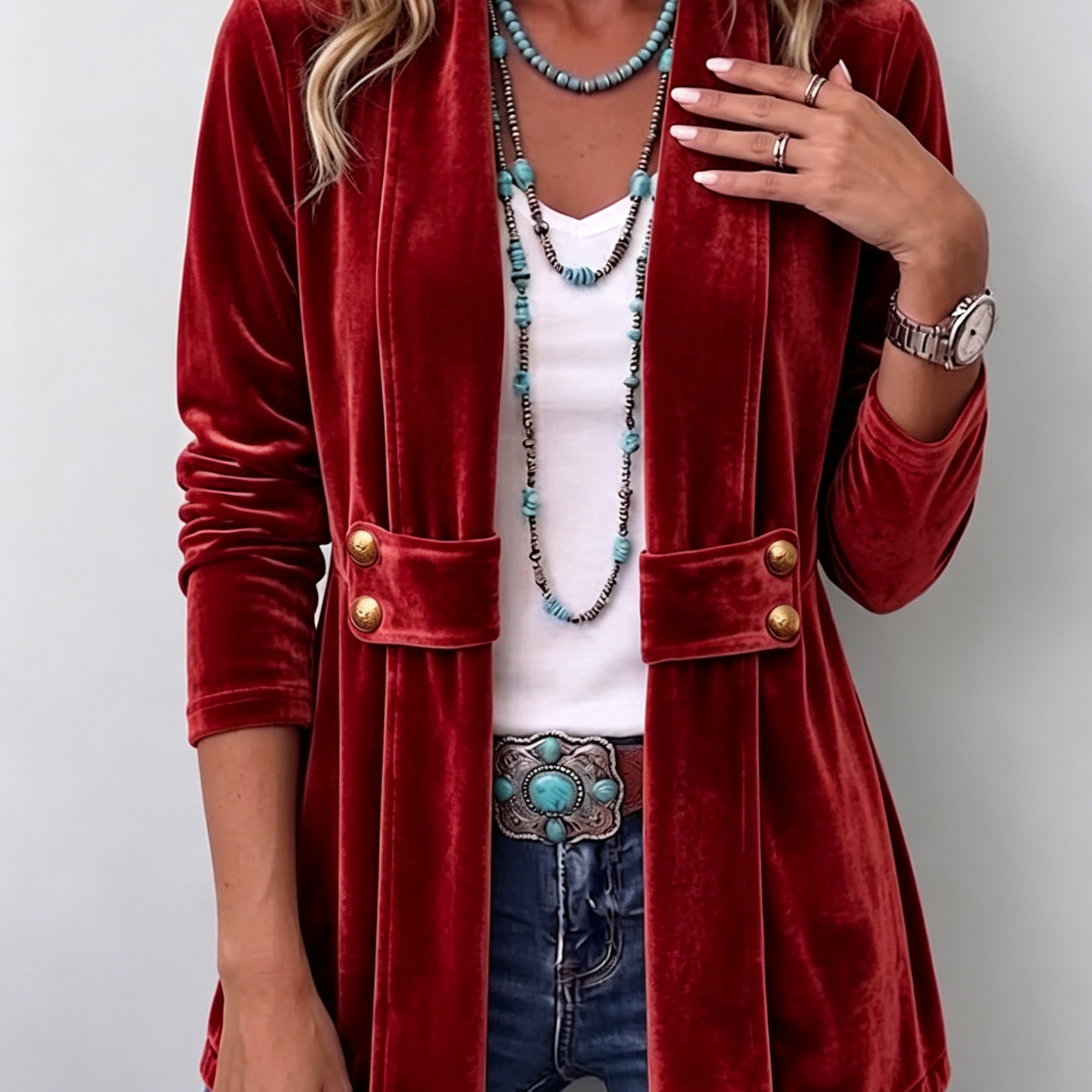 Avery - Retro Lapel Button Accent Long Sleeve Open Front Jacket — view 6