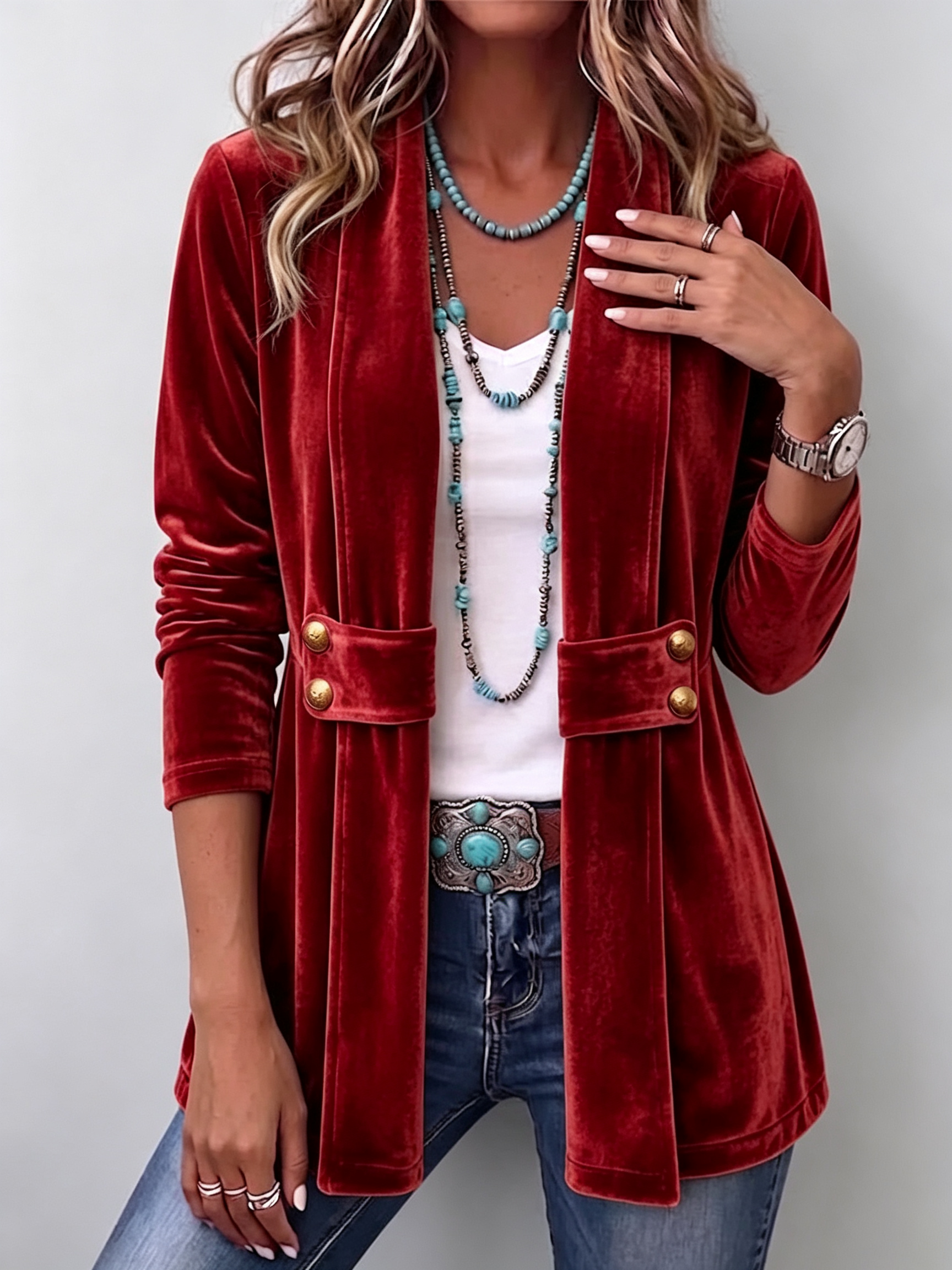 Avery - Retro Lapel Button Accent Long Sleeve Open Front Jacket — view 6