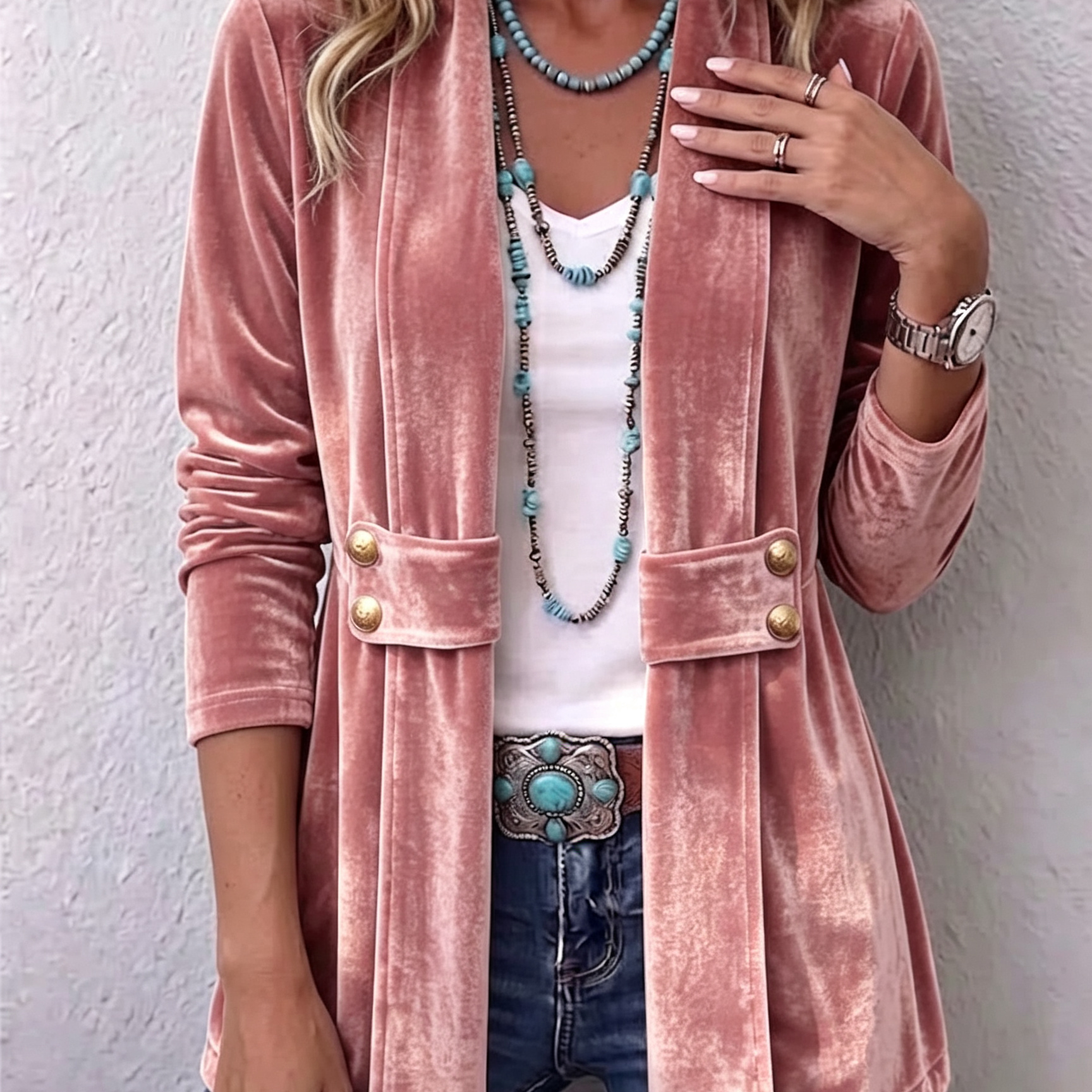 Avery - Retro Lapel Button Accent Long Sleeve Open Front Jacket — view 7