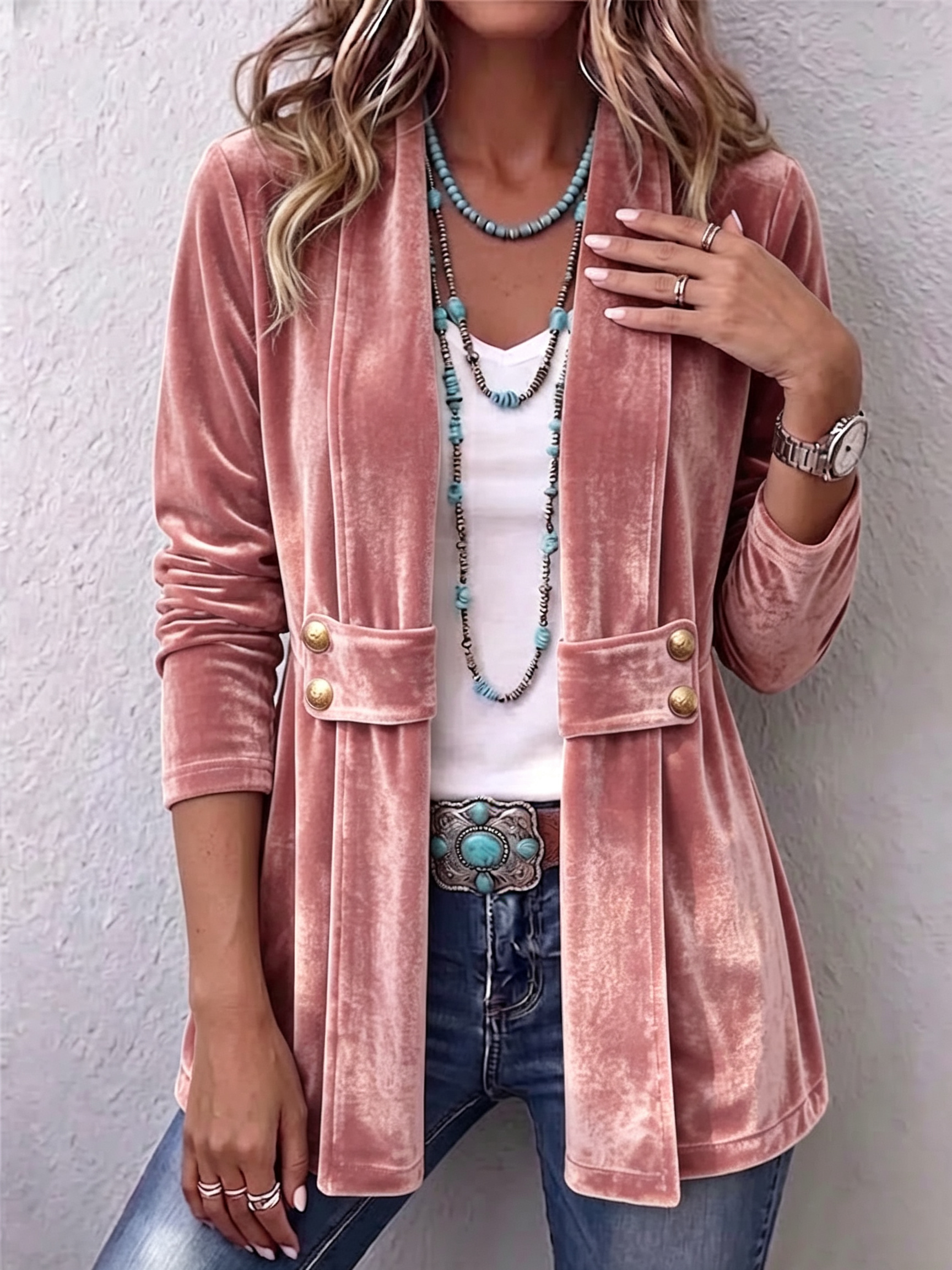 Avery - Retro Lapel Button Accent Long Sleeve Open Front Jacket — view 7