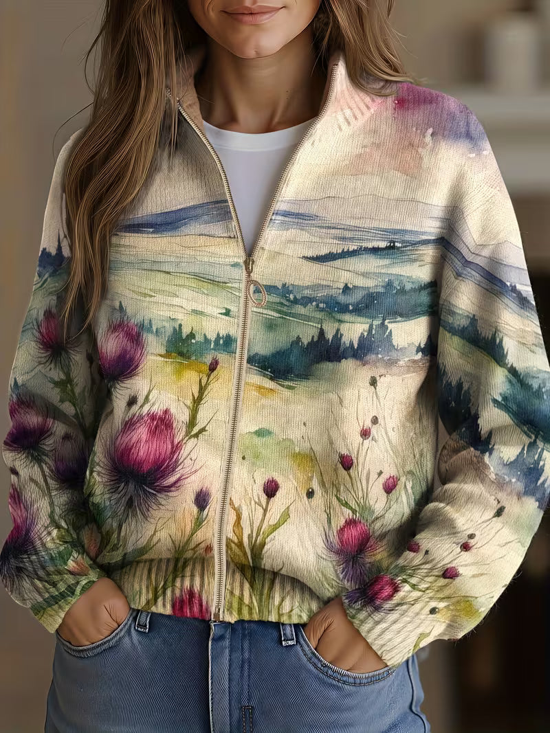 Avery - Scottish Thistle Landscape Zip Up Cardigan — view 1