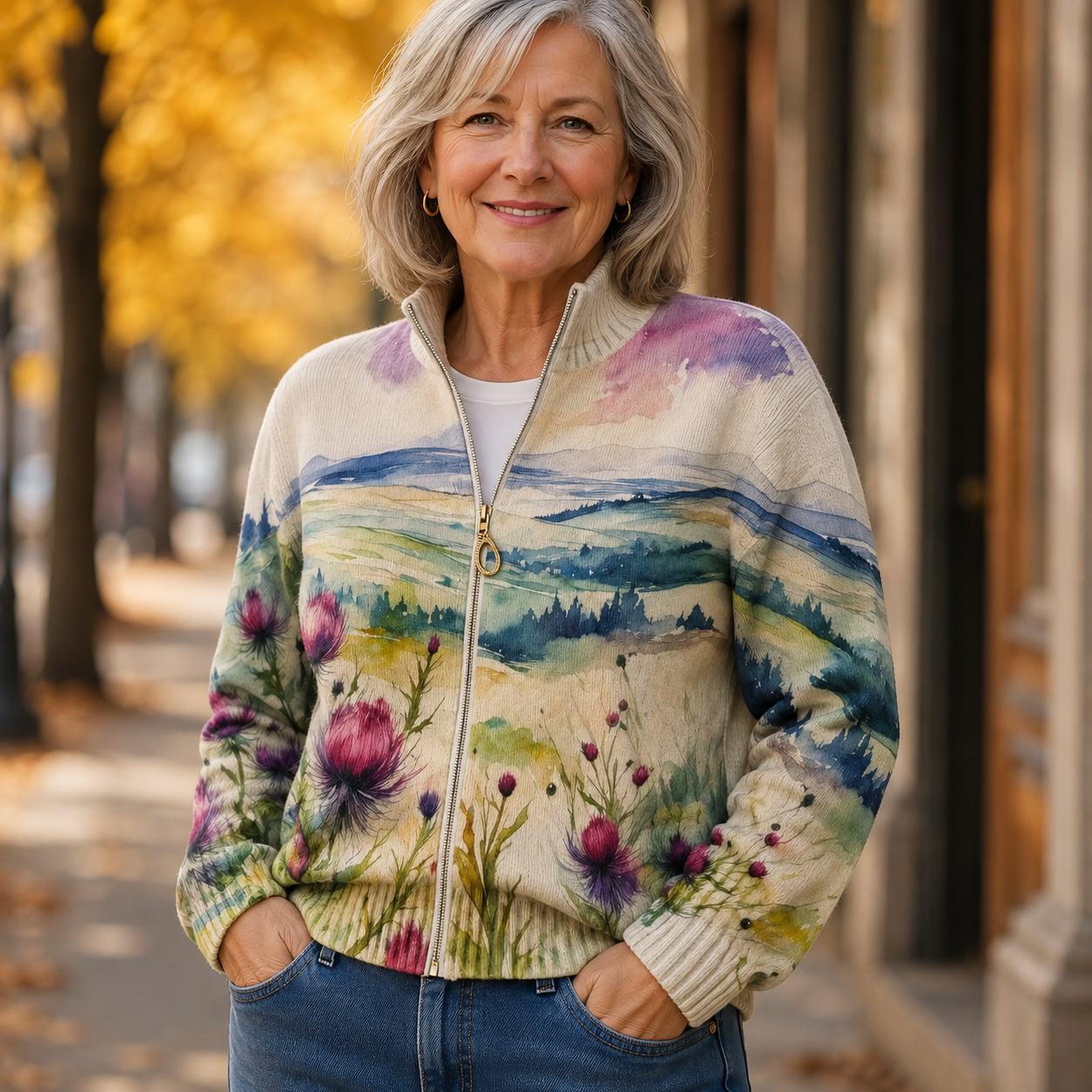 Avery - Scottish Thistle Landscape Zip Up Cardigan — view 2