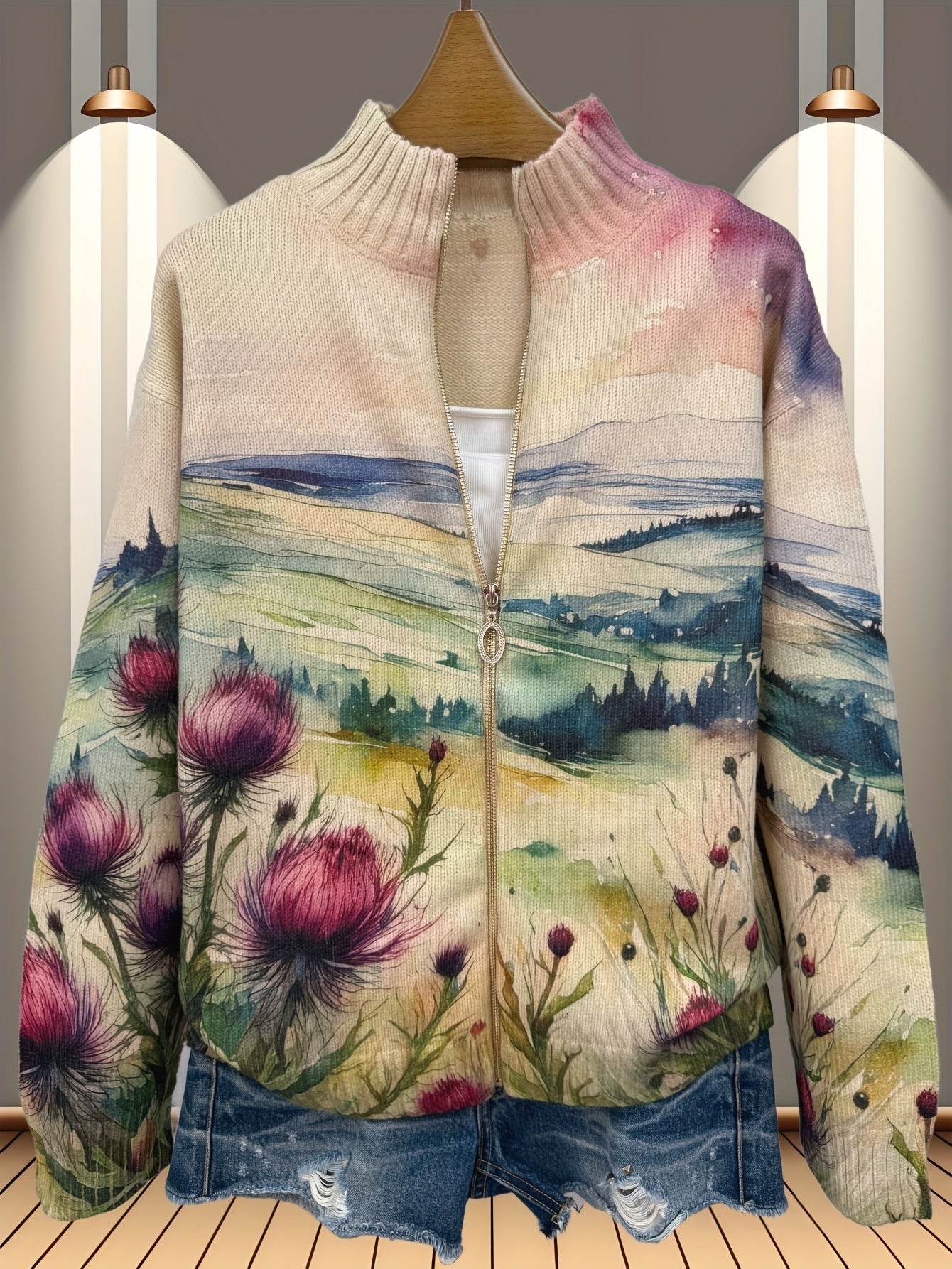 Avery - Scottish Thistle Landscape Zip Up Cardigan — view 4