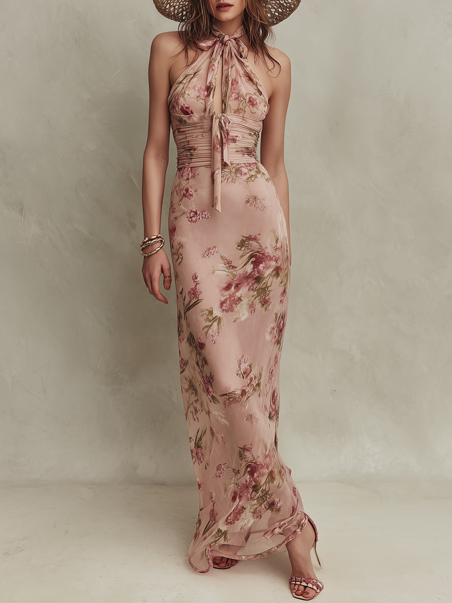 Bethany - elegant floral chiffon maxi dress with keyhole neckline — view 2