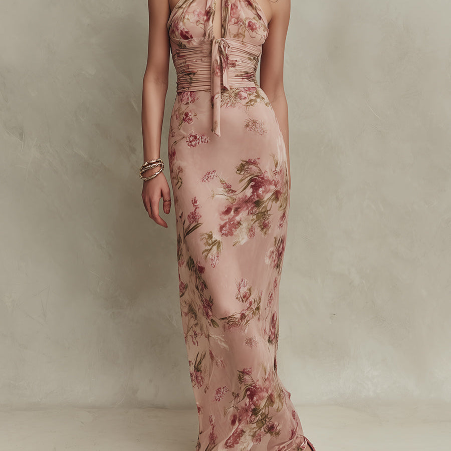 Bethany - elegant floral chiffon maxi dress with keyhole neckline — view 2