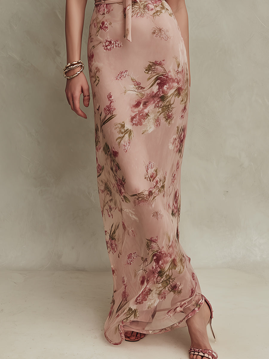 Bethany - elegant floral chiffon maxi dress with keyhole neckline — view 4