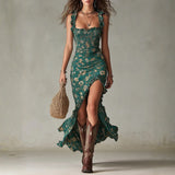 Brielle - retro bohemian maxi dress with flowing sleeves and side slit — view 1
