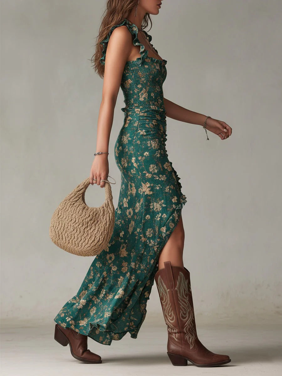 Brielle - retro bohemian maxi dress with flowing sleeves and side slit — view 3