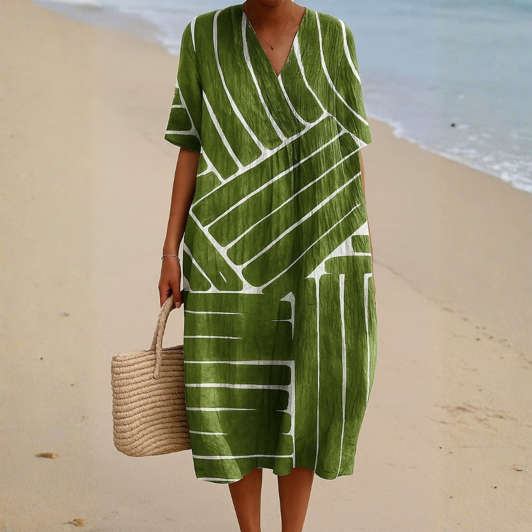 Brittany - green dress with geometric pattern — view 1