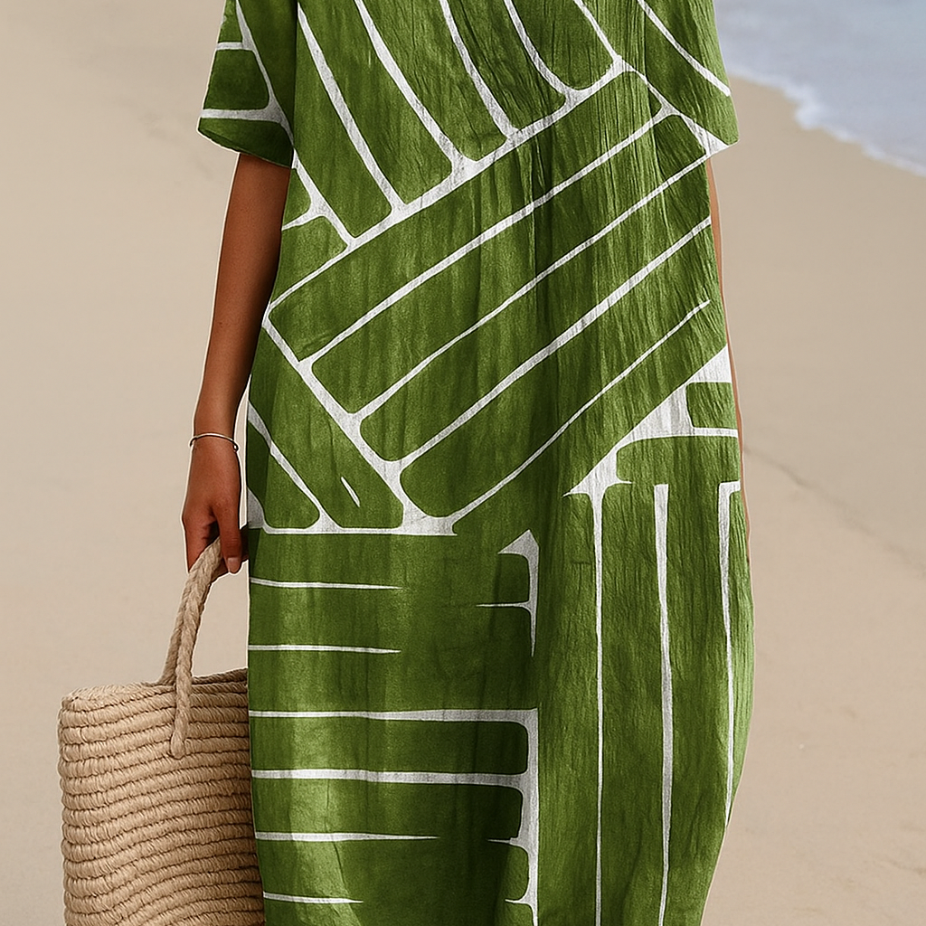 Brittany - green dress with geometric pattern — view 2