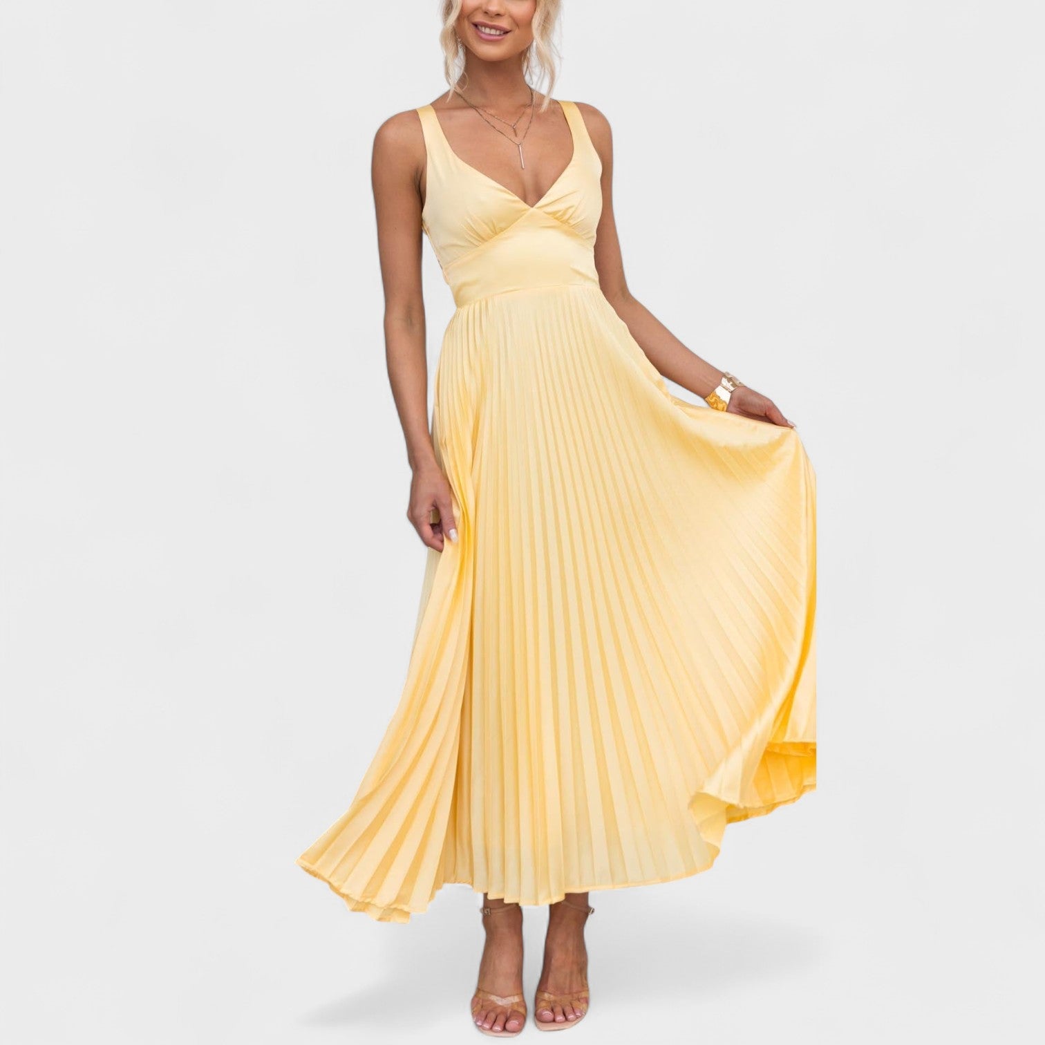 Carmen - yellow pleated maxi dress — view 1