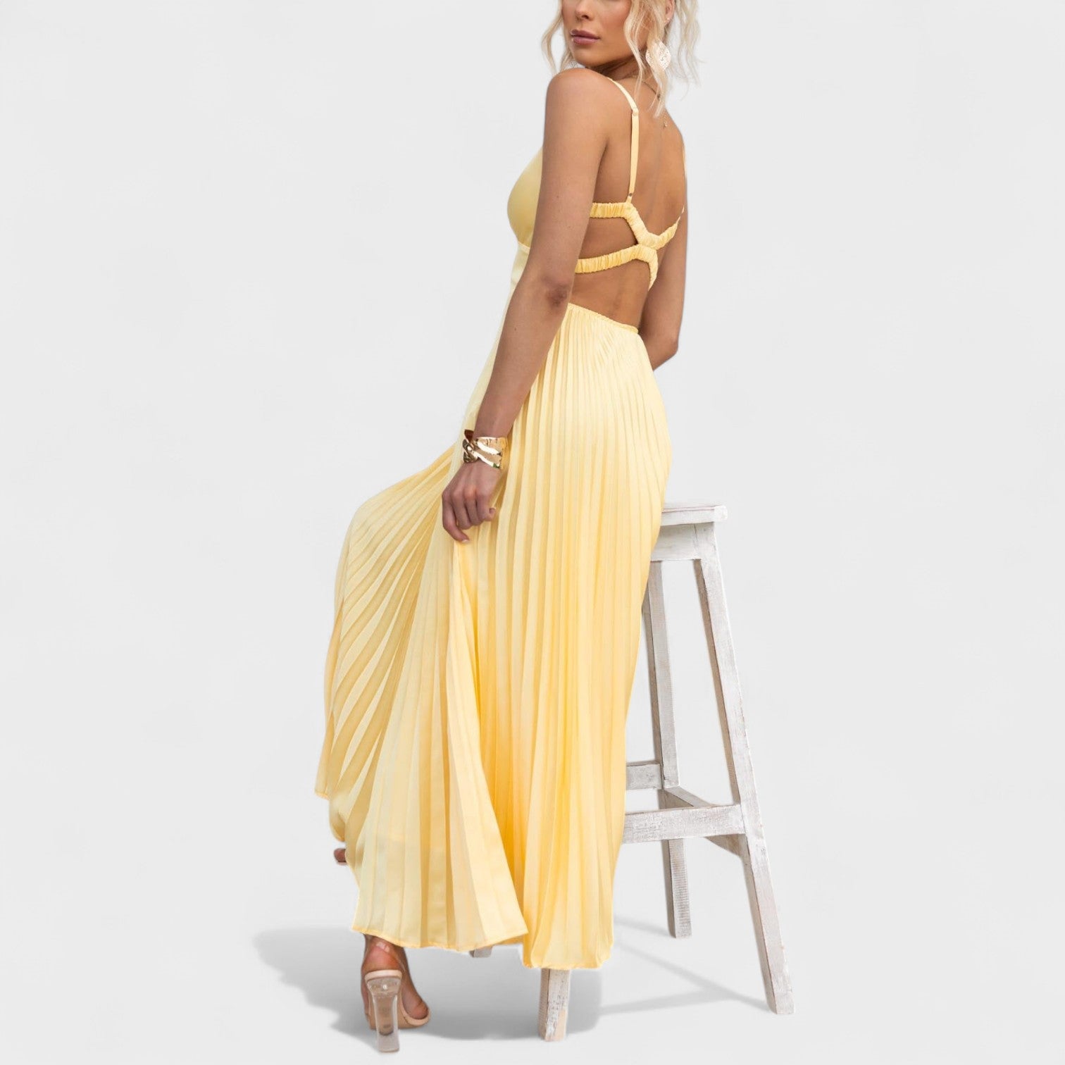 Carmen - yellow pleated maxi dress — view 2