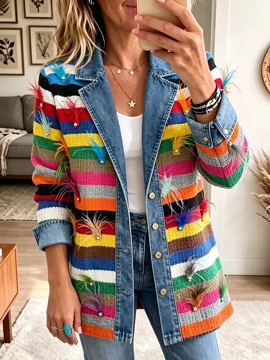 Caroline - Retro Feather Print Denim Jacket — view 1