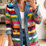 Caroline - Retro Feather Print Denim Jacket — view 1