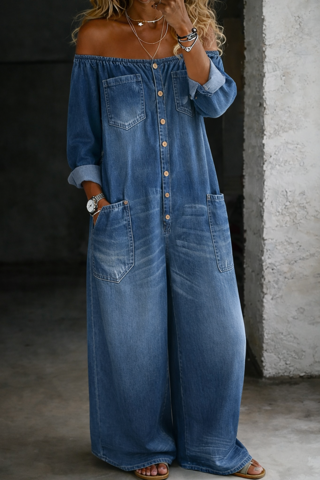 Chelsea - long sleeve off the shoulder jumpsuit — view 2