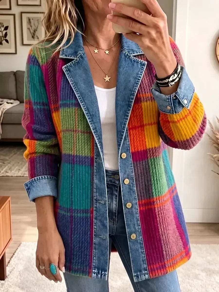 Chloe - Retro Plaid Patchwork Denim Jacket — view 1
