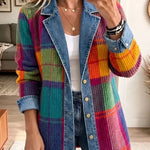 Chloe - Retro Plaid Patchwork Denim Jacket — view 1