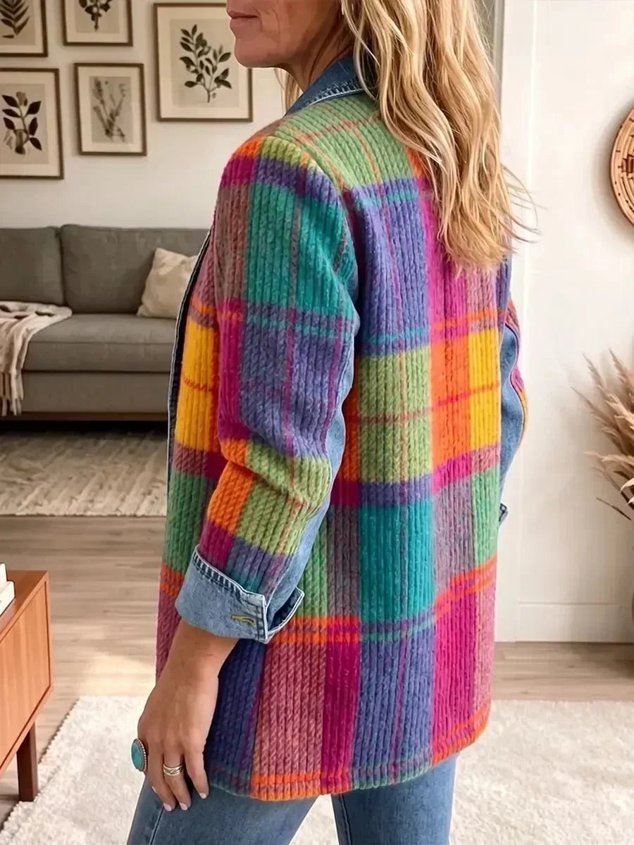 Chloe - Retro Plaid Patchwork Denim Jacket — view 2
