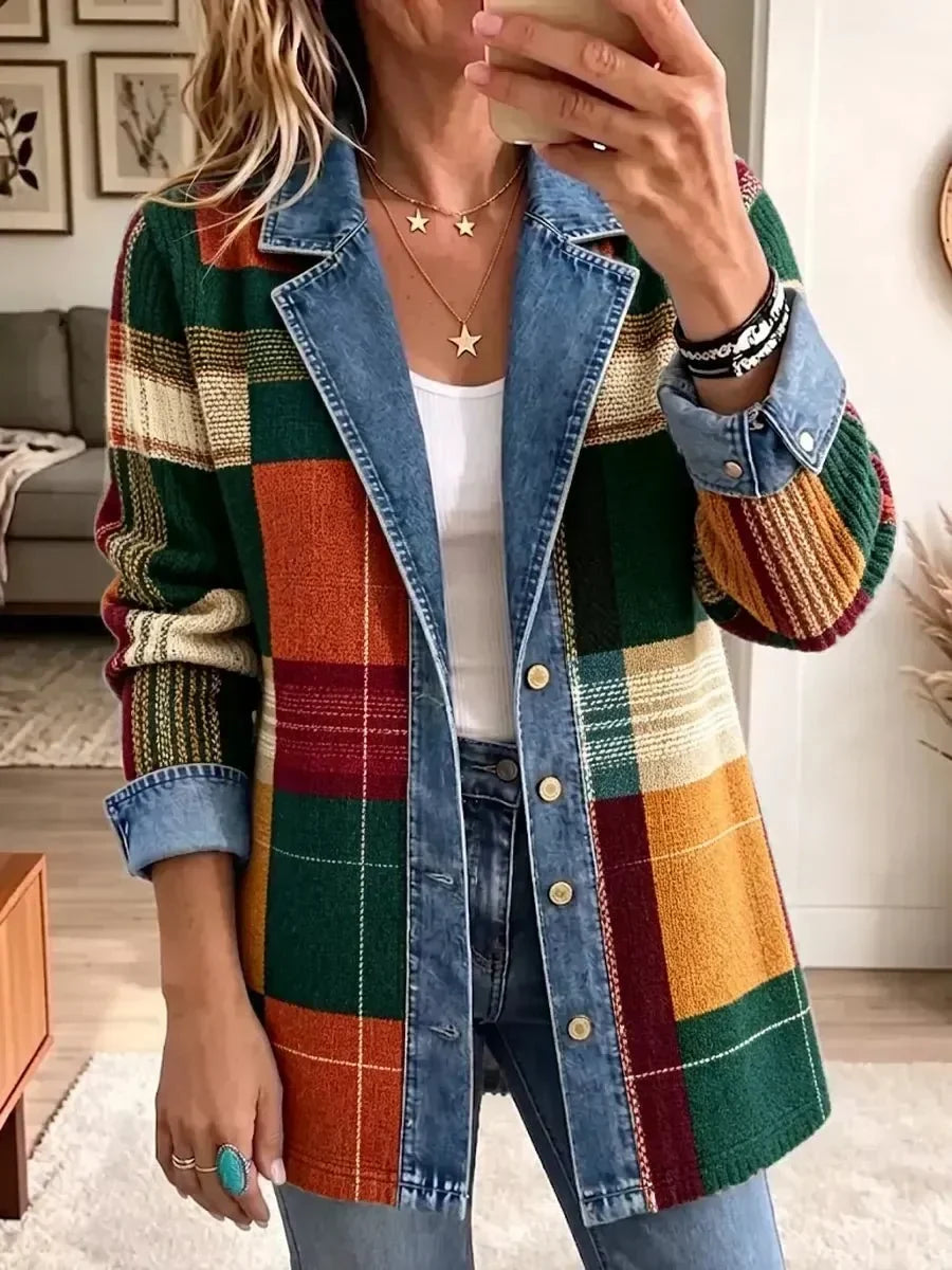 Claire - retro check denim jacket with art print — view 1
