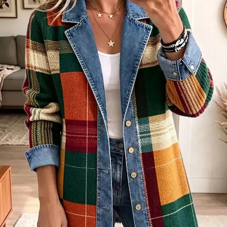 Claire - retro check denim jacket with art print — view 1