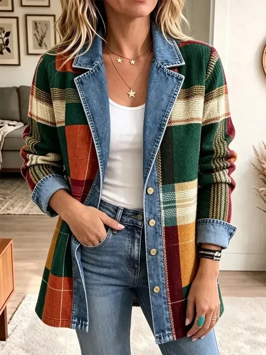 Claire - retro check denim jacket with art print — view 2
