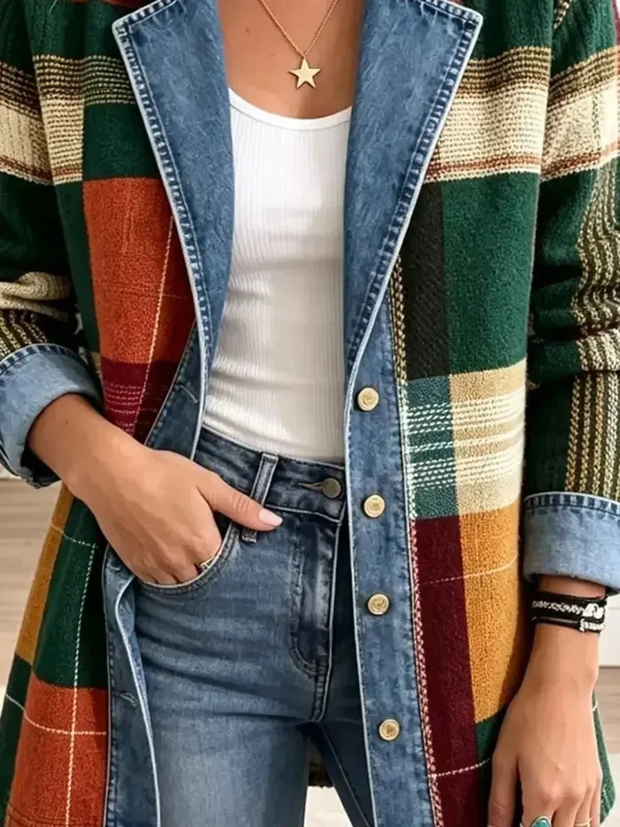 Claire - retro check denim jacket with art print — view 3