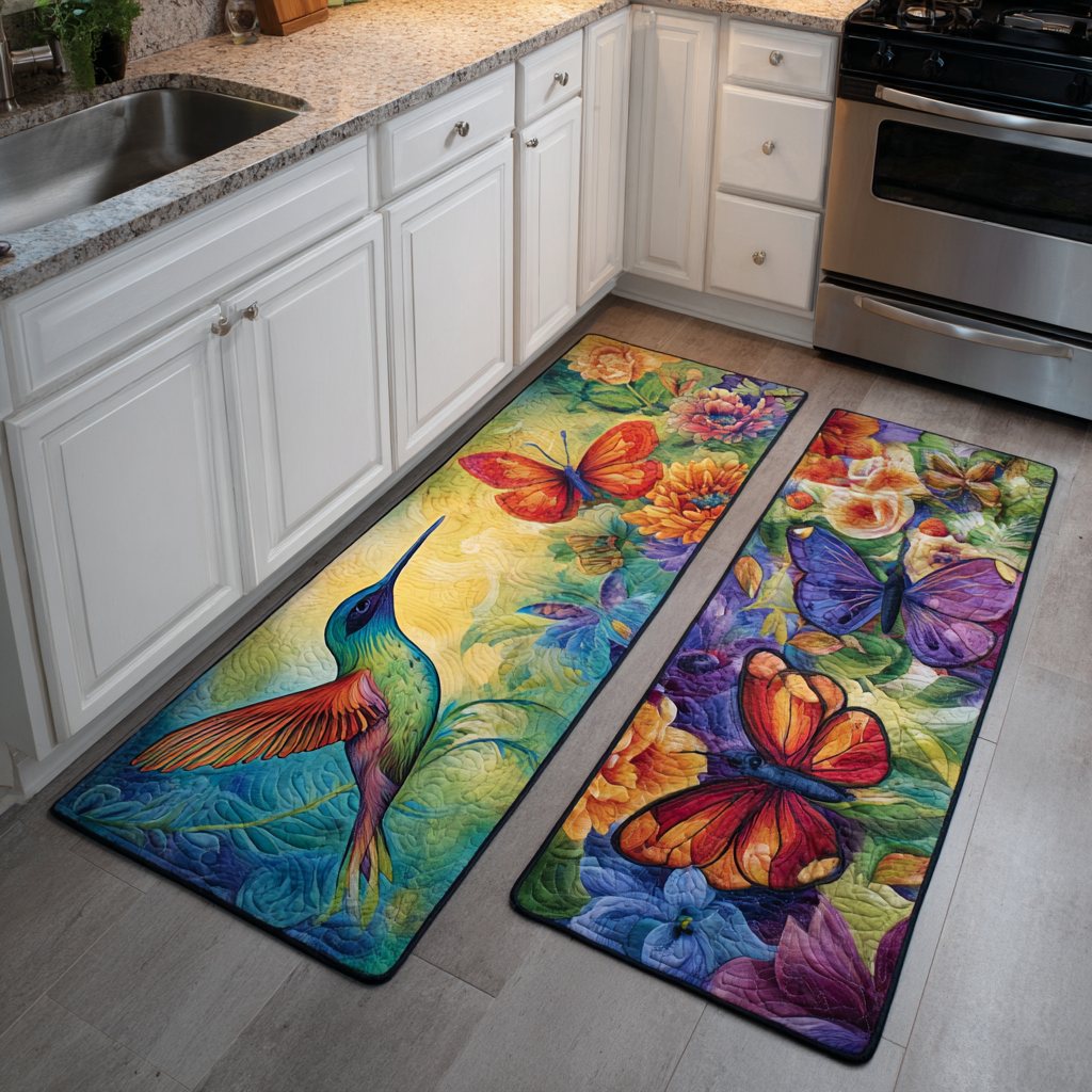 Non-slip kitchen mat - Hummingbird and garden flowers — view 1