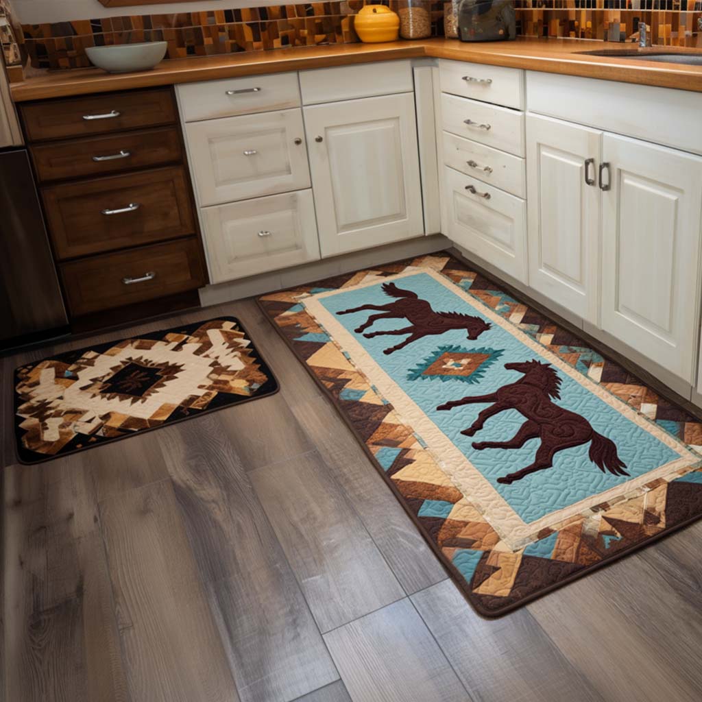 Anti-Slip Kitchen Rug - Teal Horses — view 1