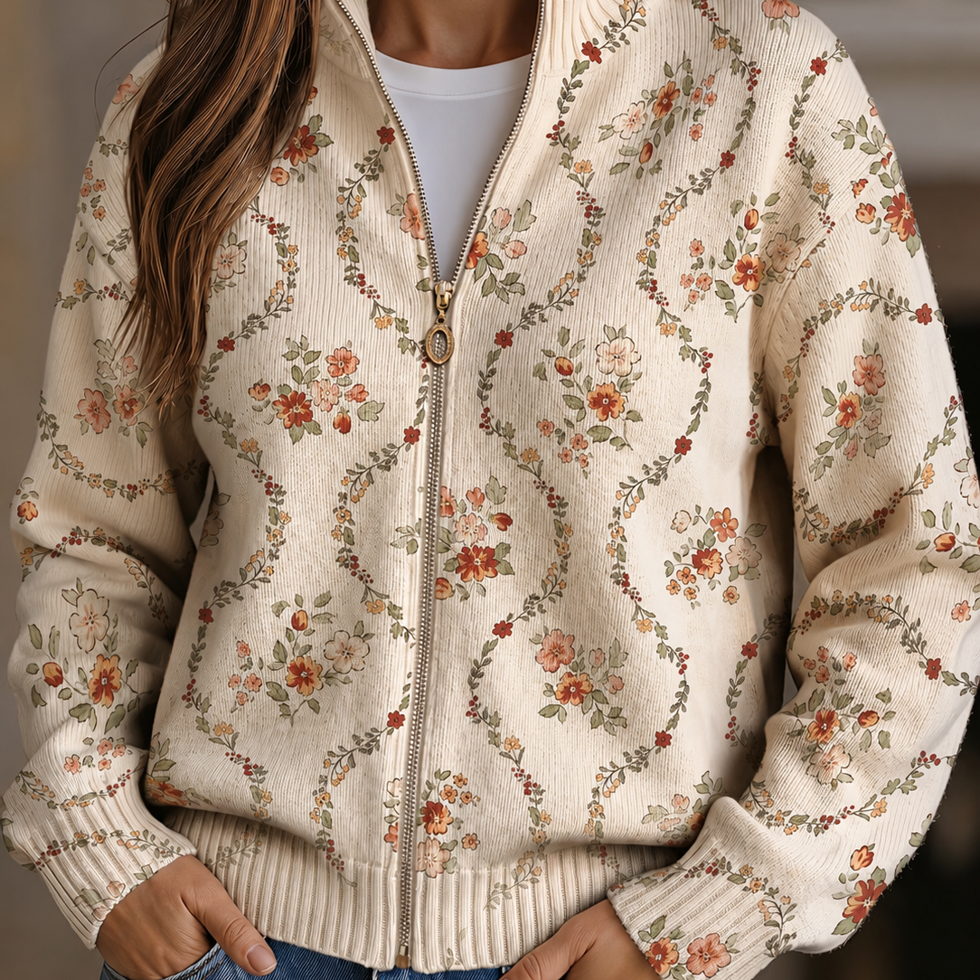 Danielle - cream colored cardigan with a delicate floral print — view 1