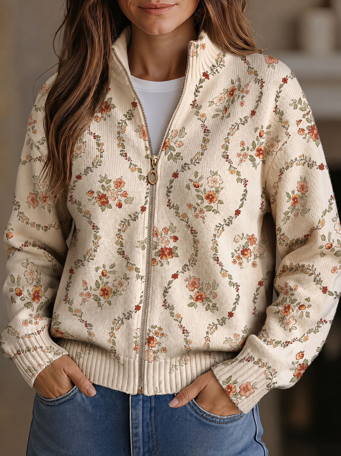 Danielle - cream colored cardigan with a delicate floral print — view 1