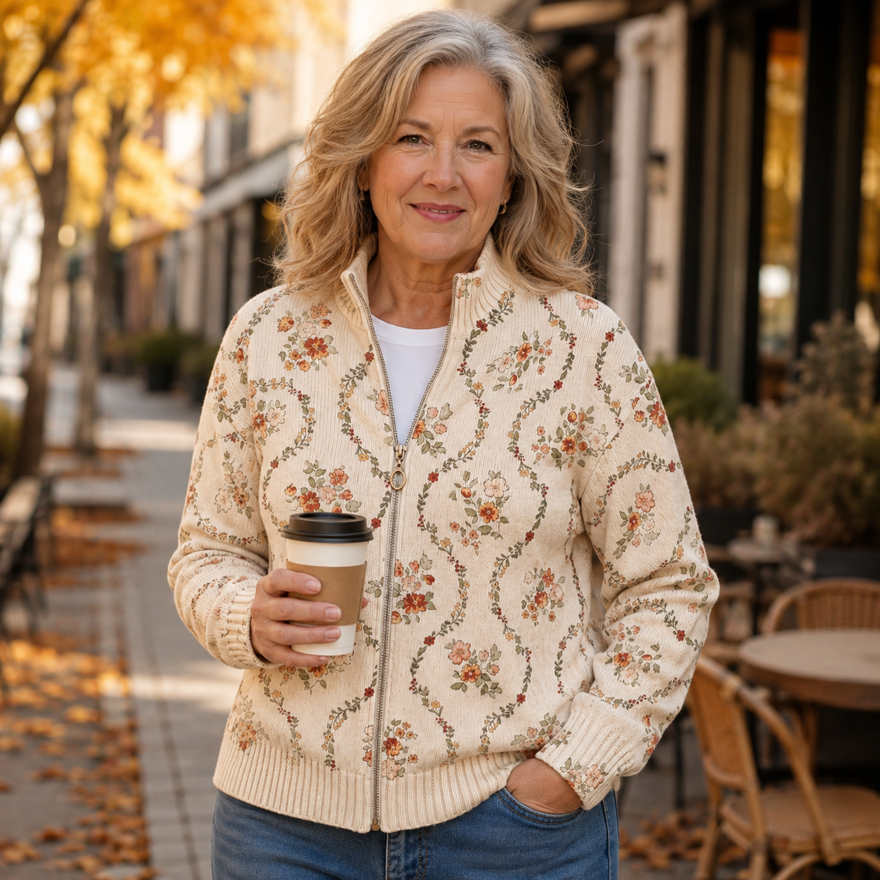 Danielle - cream colored cardigan with a delicate floral print — view 2