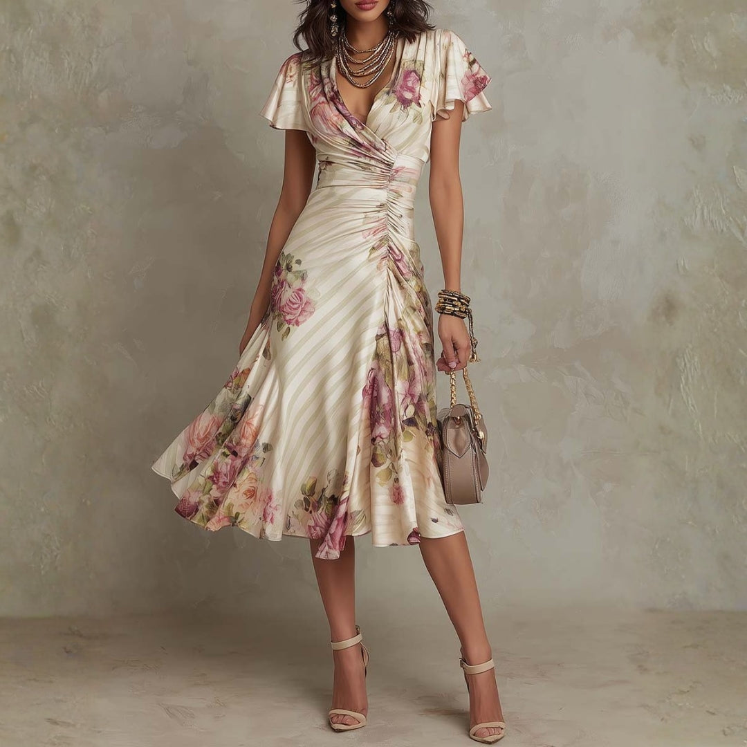 Daphne - elegant retro floral satin midi dress — view 1
