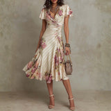 Daphne - elegant retro floral satin midi dress — view 1