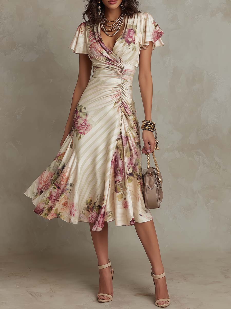 Daphne - elegant retro floral satin midi dress — view 2