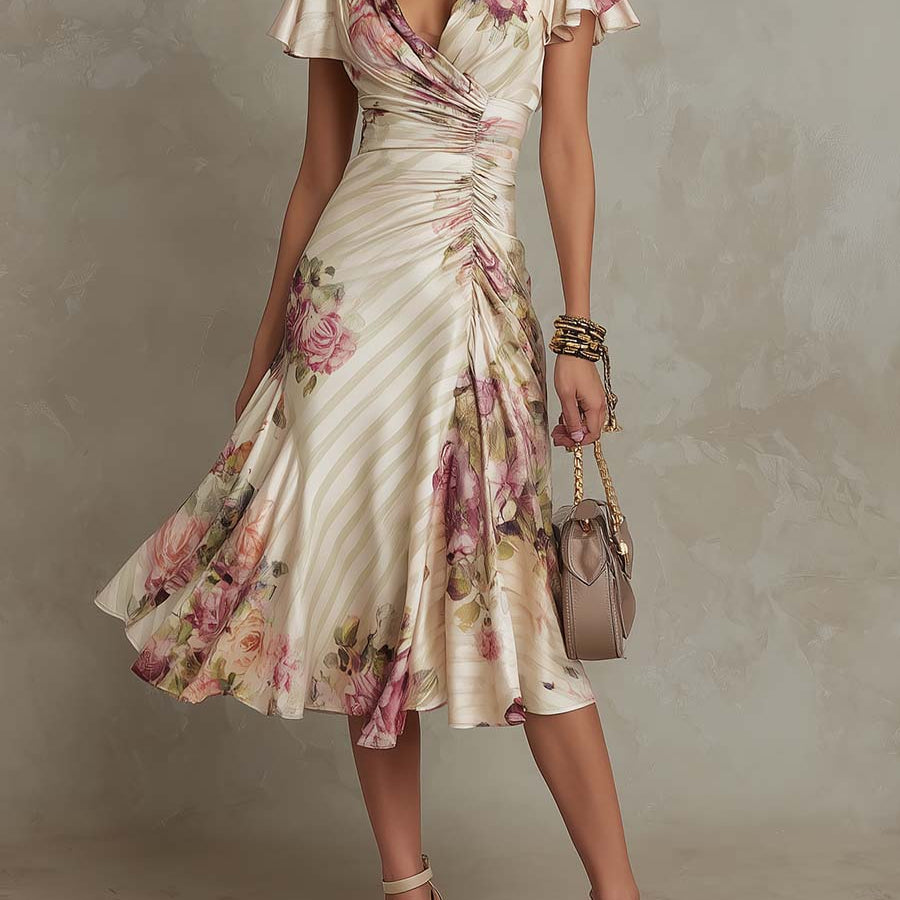 Daphne - elegant retro floral satin midi dress — view 2