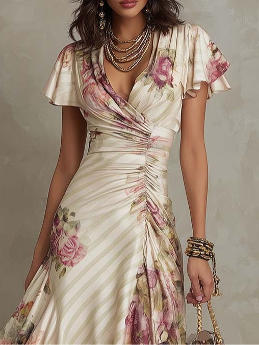 Daphne - elegant retro floral satin midi dress — view 4