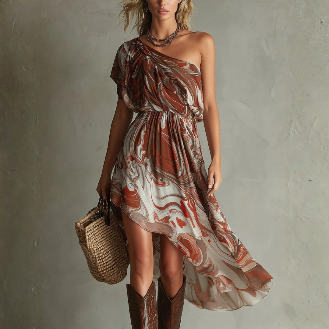 Dawn - Boho One Shoulder Irregular Marble Abstract Print Chiffon Midi Dress — view 1