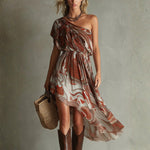 Dawn - Boho One Shoulder Irregular Marble Abstract Print Chiffon Midi Dress — view 1