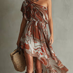 Dawn - Boho One Shoulder Irregular Marble Abstract Print Chiffon Midi Dress — view 2