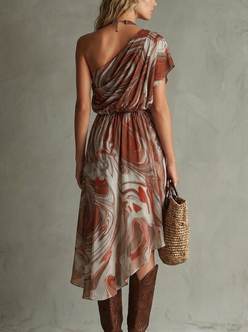 Dawn - Boho One Shoulder Irregular Marble Abstract Print Chiffon Midi Dress — view 3