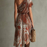 Dawn - Boho One Shoulder Irregular Marble Abstract Print Chiffon Midi Dress — view 3