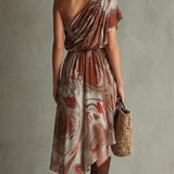 Dawn - Boho One Shoulder Irregular Marble Abstract Print Chiffon Midi Dress — view 3