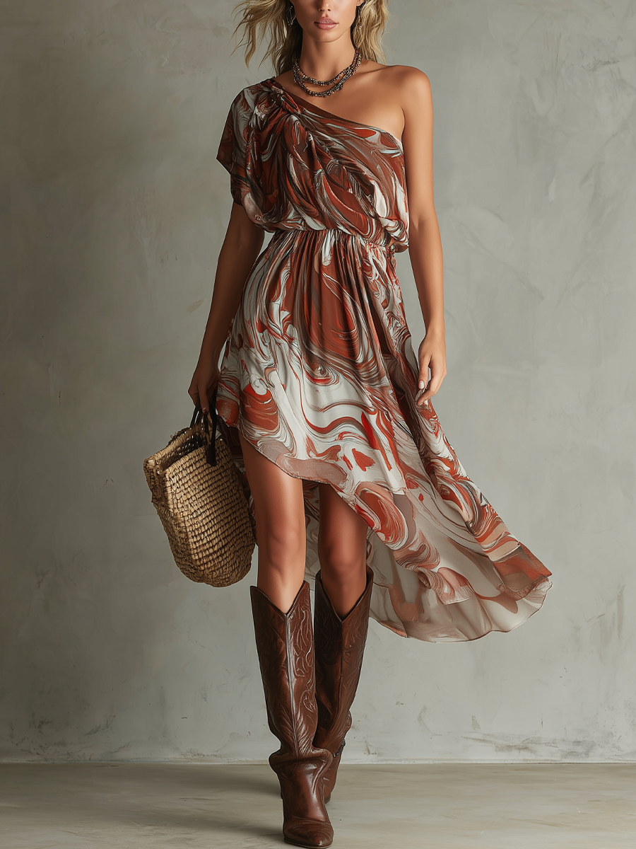 Dawn - Boho One Shoulder Irregular Marble Abstract Print Chiffon Midi Dress — view 4